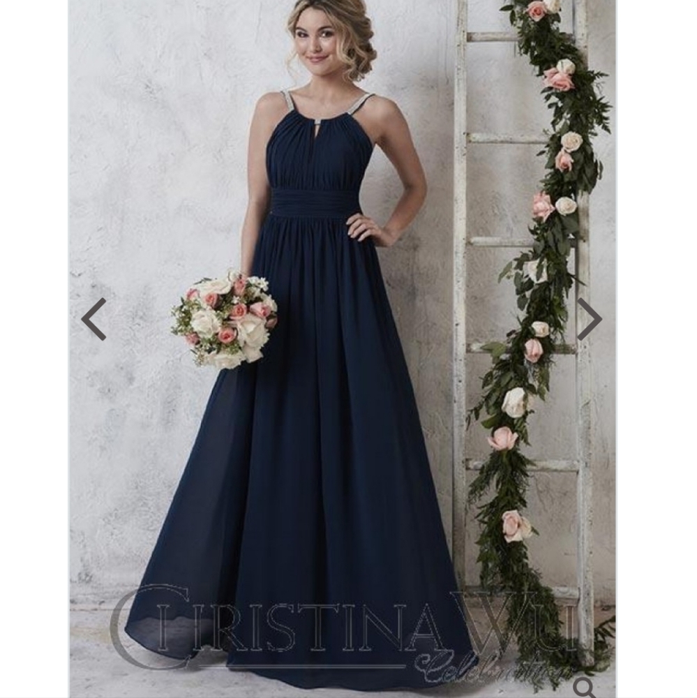 NWT‎ Christina Wu Bridesmaids Champagne Chiffon Gown Gemstone Strap Style 22743